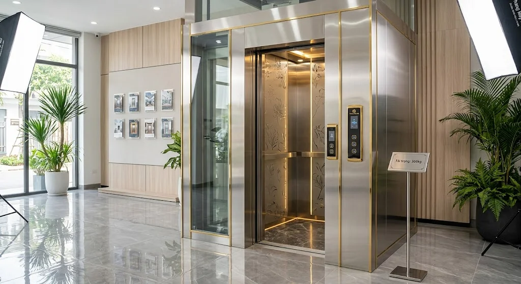 Ảnh hero toàn cảnh Giá thang máy gia đình 300kg hiện đại của Thang Máy HD tại showroom Việt Nam.