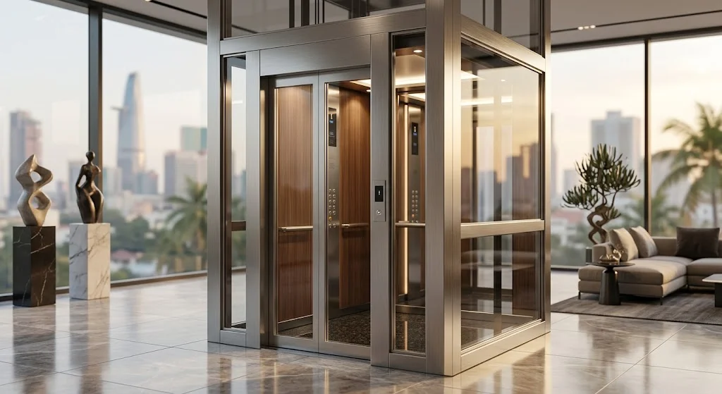 Toàn cảnh thang máy gia đình 300kg hiện đại tại showroom, ảnh hưởng đến Giá thang máy gia đình 300kg.