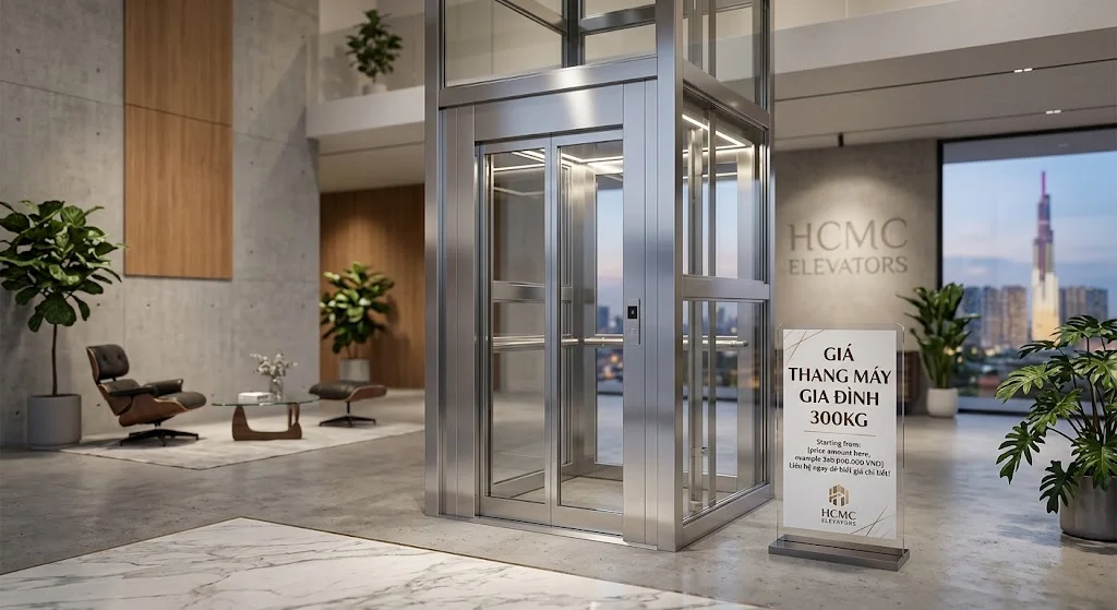 Toàn cảnh thang máy gia đình 300kg kính hiện đại trong showroom sang trọng tại TP.HCM.