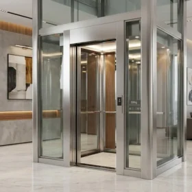 Ảnh featured toàn cảnh thang máy gia đình 300kg trong showroom hiện đại, minh họa cho Giá thang máy gia đình 300kg.