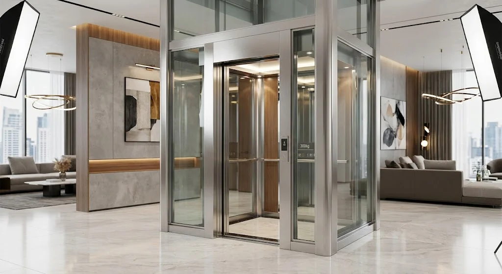 Ảnh featured toàn cảnh thang máy gia đình 300kg trong showroom hiện đại, minh họa cho Giá thang máy gia đình 300kg.