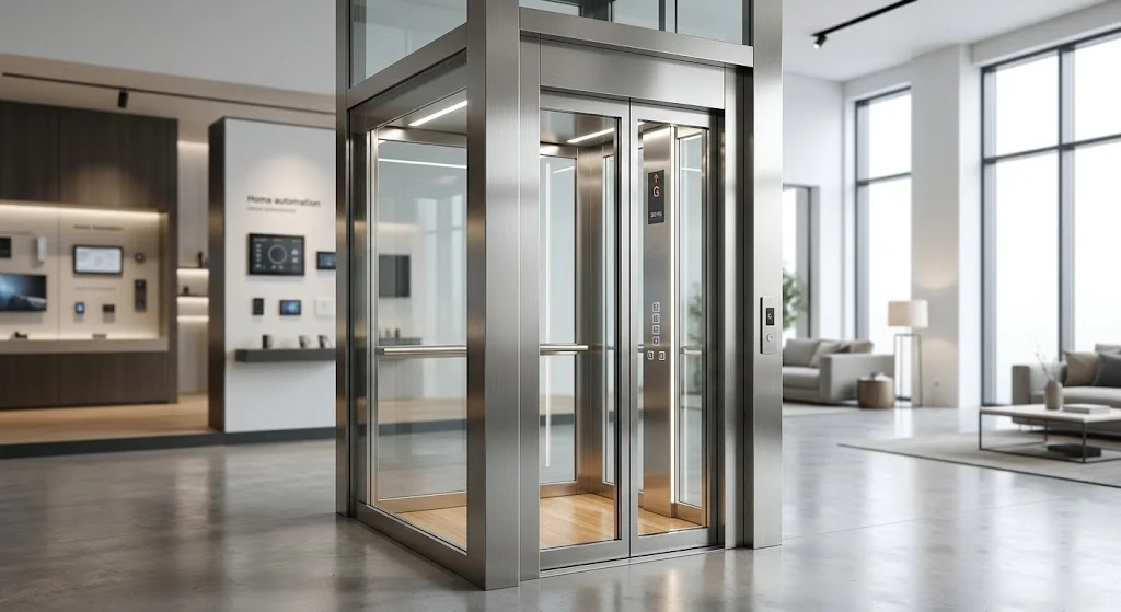 Góc chụp 3/4 toàn cảnh Giá thang máy gia đình 300kg hiện đại tại showroom Thang Máy HD TP.HCM.