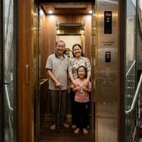 Gia đình ba người sử dụng thoải mái bên trong cabin thang máy, minh họa Giá thang máy gia đình 300kg tối ưu.