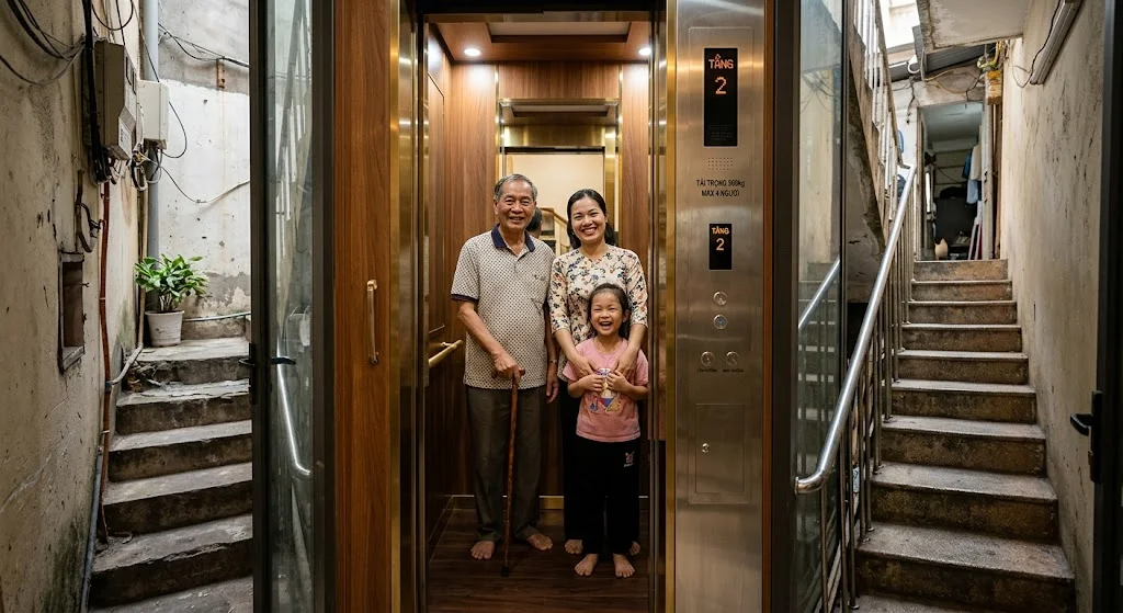 Gia đình ba người sử dụng thoải mái bên trong cabin thang máy, minh họa Giá thang máy gia đình 300kg tối ưu.