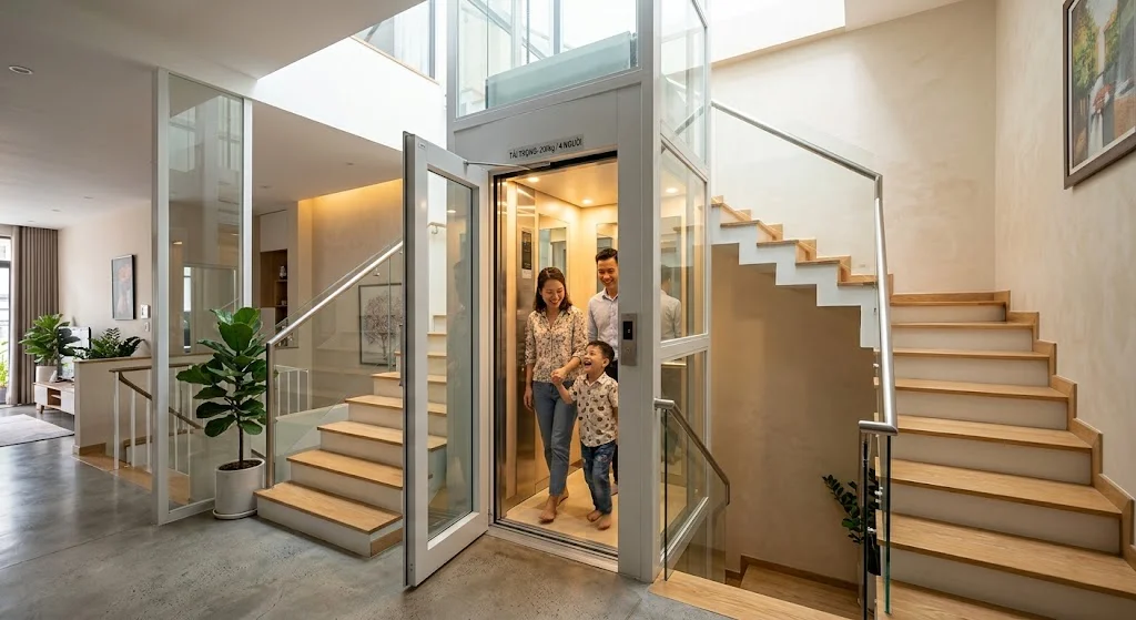 Thang máy gia đình 300kg lắp đặt gọn gàng trong không gian nhà phố hiện đại Việt Nam, phù hợp gia đình nhỏ.
