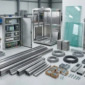 Các bộ phận thang máy gia đình 300kg và vật tư thi công khung hố được sắp xếp gọn gàng.