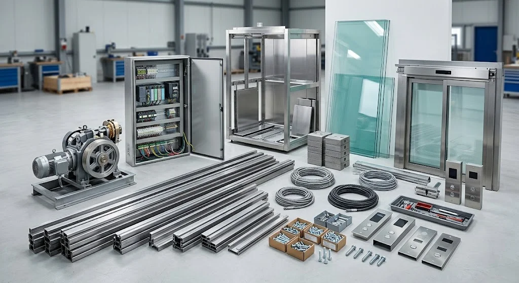 Các bộ phận thang máy gia đình 300kg và vật tư thi công khung hố được sắp xếp gọn gàng.