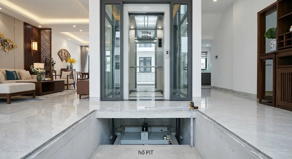Ảnh hố PIT siêu nông của thang máy, minh họa cho Giá thang máy gia đình 300kg tiết kiệm không gian.