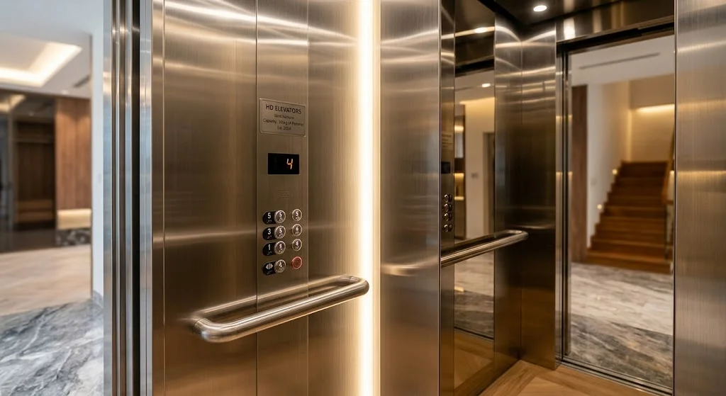 Cận cảnh vật liệu inox và kính cao cấp của thang máy gia đình 300kg phiên bản liên doanh sang trọng.