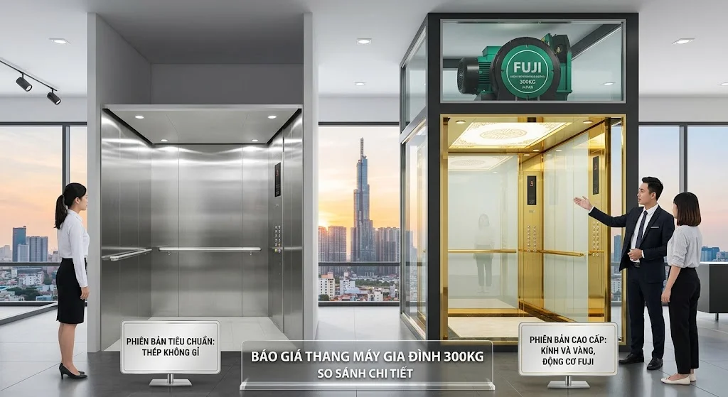 So sánh các tùy chọn nội thất cabin thang máy gia đình 300kg ảnh hưởng đến giá thành.