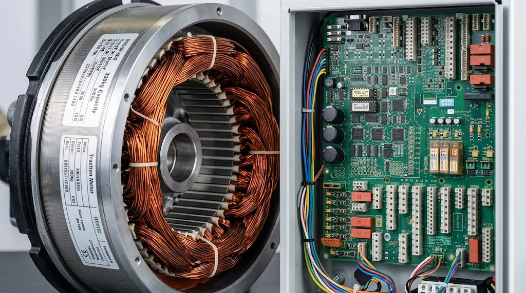 Cận cảnh động cơ không hộp số và tủ điều khiển kỹ thuật cao của Giá thang máy gia đình 300kg.