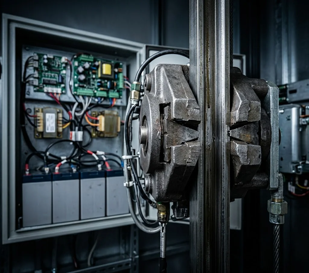 Chi tiết kỹ thuật hệ thống phanh an toàn và ARD của Giá thang máy gia đình 300kg High Vision.