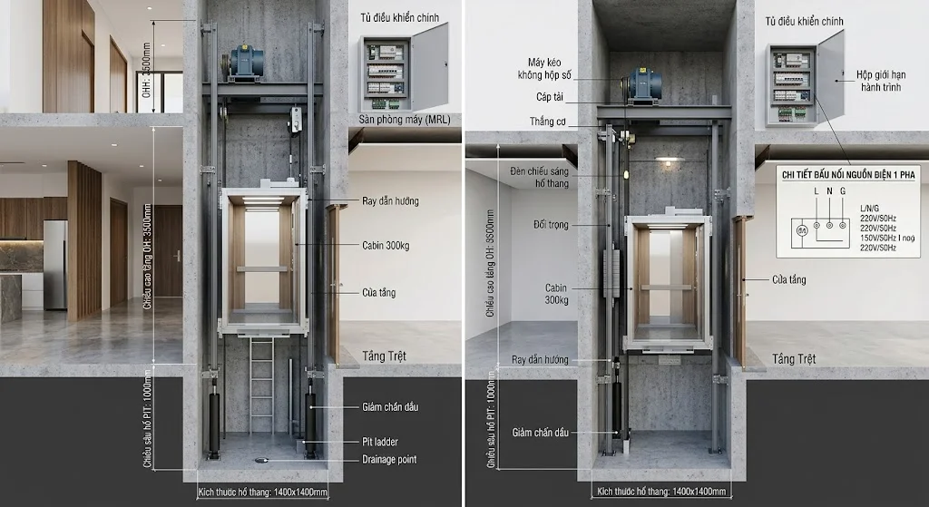 Chi tiết thông số kỹ thuật hố Pit và Overhead của thang máy gia đình 300kg.