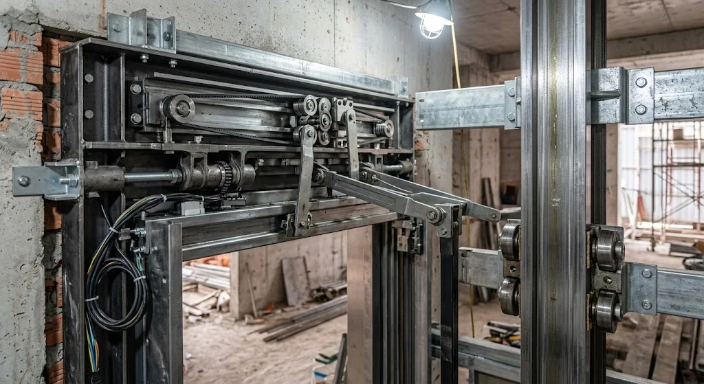 Cận cảnh cơ cấu kỹ thuật và cửa tầng của thang máy gia đình 300kg tại công trình TP.HCM.