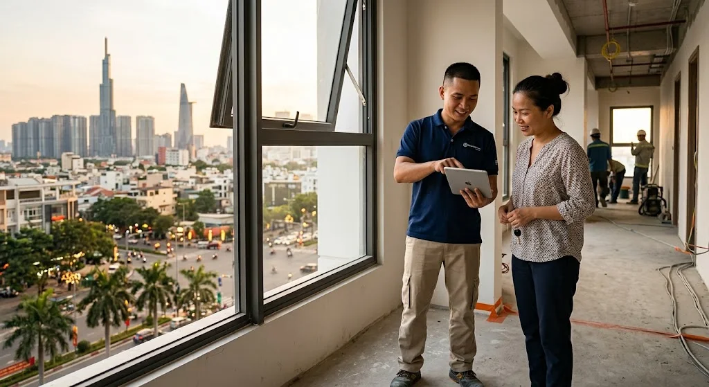 Kỹ thuật viên tư vấn và kiểm tra Giá thang máy gia đình 300kg cho khách hàng tại công trình HCM.