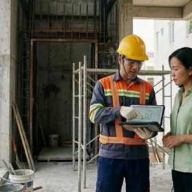 Kỹ sư High Vision đang tư vấn và khảo sát hiện trạng thang máy gia đình 300kg tại công trình.