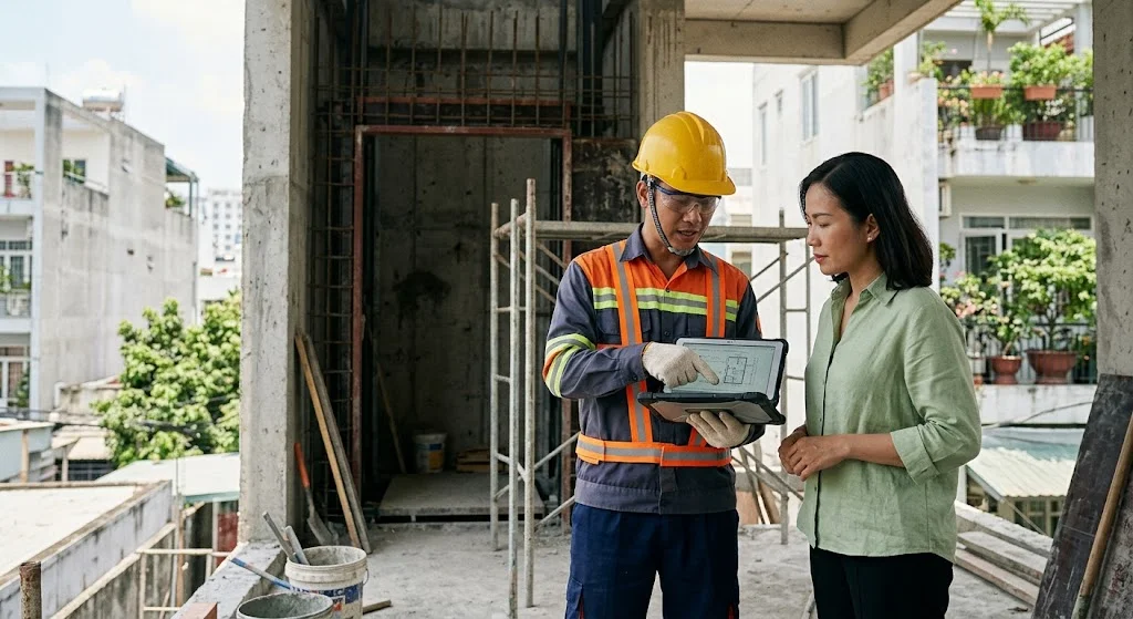 Kỹ sư High Vision đang tư vấn và khảo sát hiện trạng thang máy gia đình 300kg tại công trình.