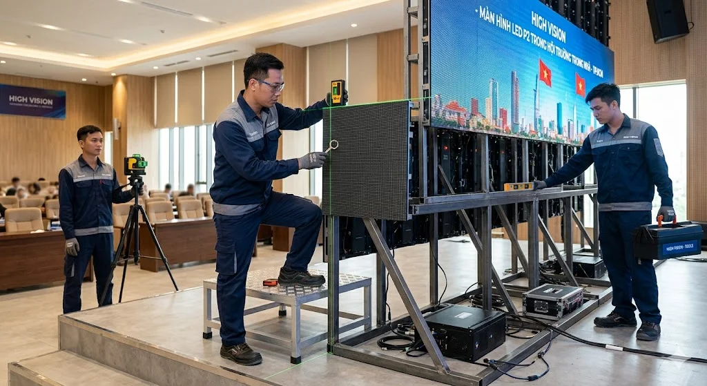 Kỹ thuật viên đang thi công màn hình led p2 trong hội trường trong nhà