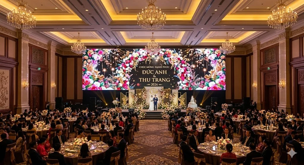 Màn hình LED P3.91 hiển thị rực rỡ trong không gian trung tâm hội nghị tiệc cưới