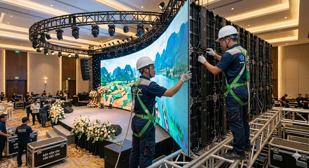 Kỹ thuật viên đang thực hiện lắp đặt màn hình LED P3.91 tại công trình thực tế