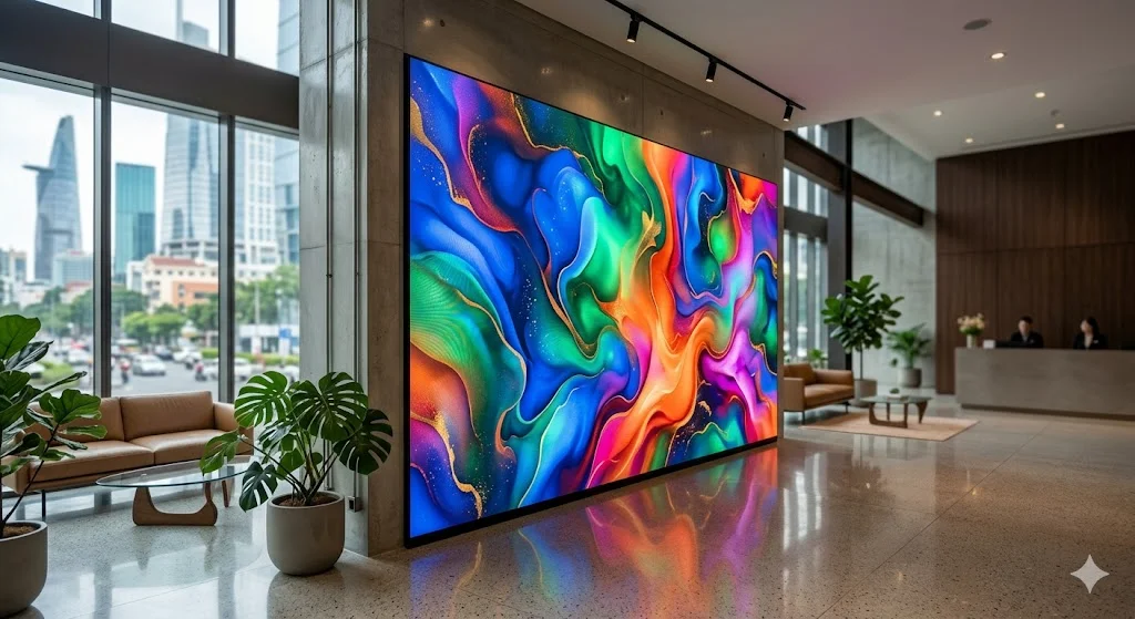 Toàn cảnh màn hình LED P4 lắp đặt tại showroom hiện đại với độ phân giải sắc nét