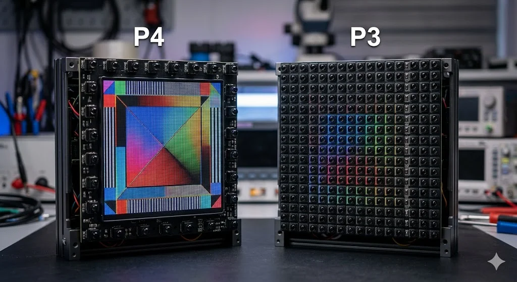 So sánh mật độ điểm ảnh giữa màn hình LED P4 và các dòng P3 cao cấp