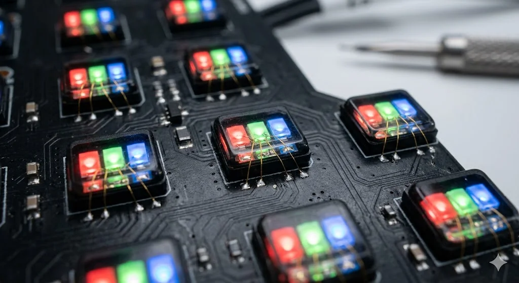 Cận cảnh module màn hình LED P4 soi rõ khoảng cách điểm ảnh 4mm tiêu chuẩn