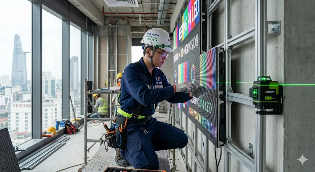 Kỹ thuật viên đang thi công lắp đặt màn hình LED P4 chuẩn xác tại công trình