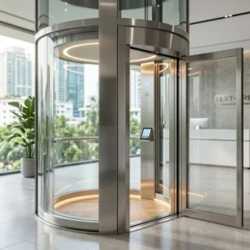 Toàn cảnh thang máy gia đình nhà 4 tầng vách kính hiện đại tại showroom Thang Máy HD TP.HCM.