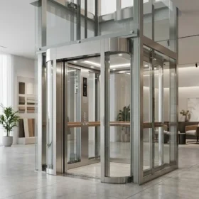 Hình ảnh tổng quan thang máy gia đình nhà 4 tầng sang trọng hiện đại.