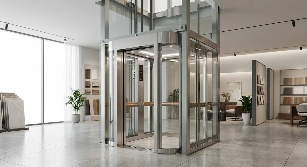 Hình ảnh tổng quan thang máy gia đình nhà 4 tầng sang trọng hiện đại.