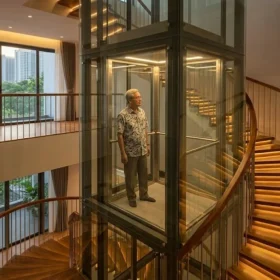 Thang máy gia đình nhà 4 tầng được lắp đặt tinh tế giữa lòng cầu thang bộ nhà ống hiện đại.