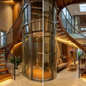 Thiết kế thang máy gia đình nhà 4 tầng nhỏ gọn tối ưu diện tích bên cạnh cầu thang bộ