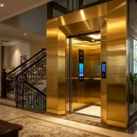Vẻ đẹp sang trọng của dòng thang máy gia đình nhà 4 tầng nhập khẩu cao cấp vách mạ vàng.