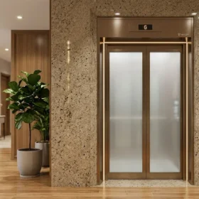 Cận cảnh hoàn thiện mặt tiền ốp đá thang máy gia đình nhà 4 tầng cao cấp.