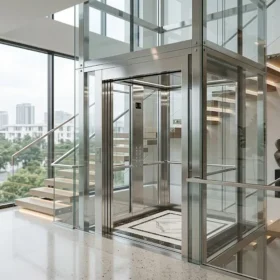 Thang máy gia đình nhà 4 tầng vách kính nhập khẩu nguyên chiếc sang trọng.