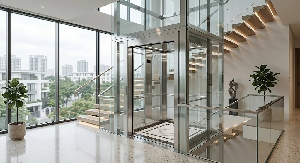 Thang máy gia đình nhà 4 tầng vách kính nhập khẩu nguyên chiếc sang trọng.