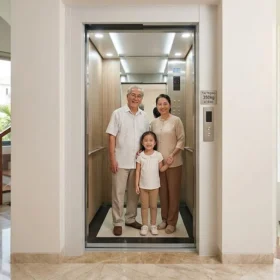 Đại gia đình sử dụng thang máy gia đình nhà 4 tầng tải trọng 350kg rộng rãi và an toàn.