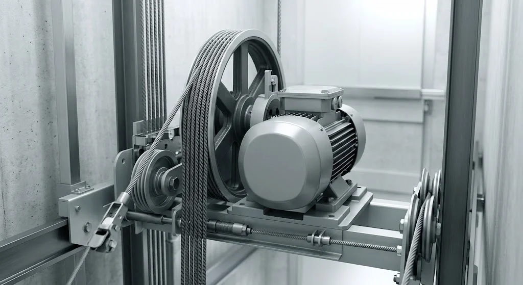 Động cơ cáp kéo an toàn của thang máy gia đình nhà 4 tầng.