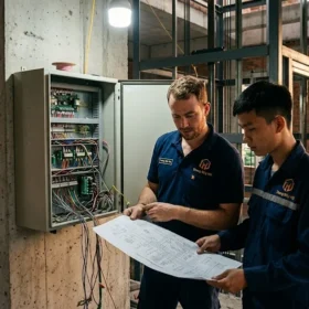 Kỹ thuật viên Thang Máy HD đang tiến hành lắp đặt thang máy gia đình nhà 4 tầng tại công trình.