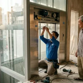 Kỹ thuật viên chuyên nghiệp đang tiến hành lắp đặt thang máy gia đình nhà 4 tầng tại công trình