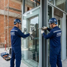 Kỹ thuật viên thi công lắp đặt thang máy gia đình nhà 4 tầng tại công trình thực tế.