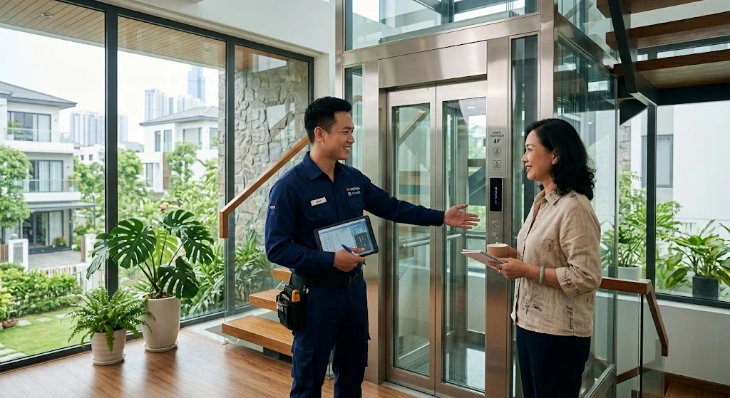 Kỹ sư tư vấn lắp đặt thang máy gia đình nhà 4 tầng tại TPHCM.