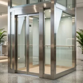 Mẫu thang máy gia đình nhà 5 tầng thiết kế vách kính sang trọng tại showroom.