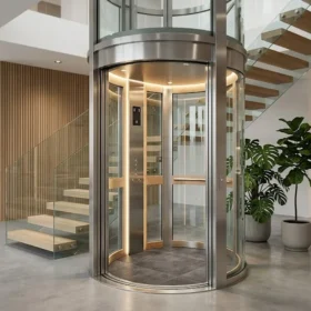 Mẫu thang máy gia đình nhà 5 tầng vách kính sang trọng tại showroom High Vision.