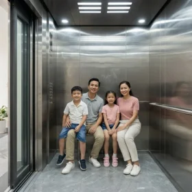 Không gian cabin rộng rãi của thang máy gia đình nhà 5 tầng tải trọng 350kg.