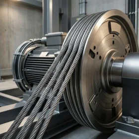 Cận cảnh động cơ cáp kéo không hộp số của thang máy gia đình nhà 5 tầng.