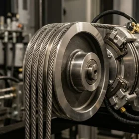 Cận cảnh động cơ cáp kéo cao cấp của thang máy gia đình nhà 5 tầng.