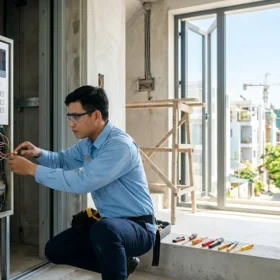 Kỹ thuật viên chuyên nghiệp đang thi công lắp ráp thang máy gia đình nhà 5 tầng.