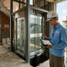 Kỹ thuật viên High Vision thi công lắp đặt thang máy gia đình nhà 5 tầng.